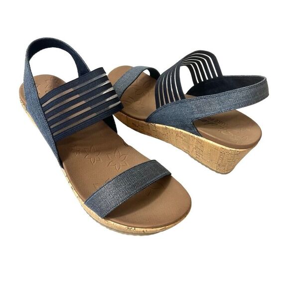 Skechers Luxe Foam Wedge Women's 11 Blue Fabric Sandals Sling Back Open Toe NEW - Picture 1 of 12